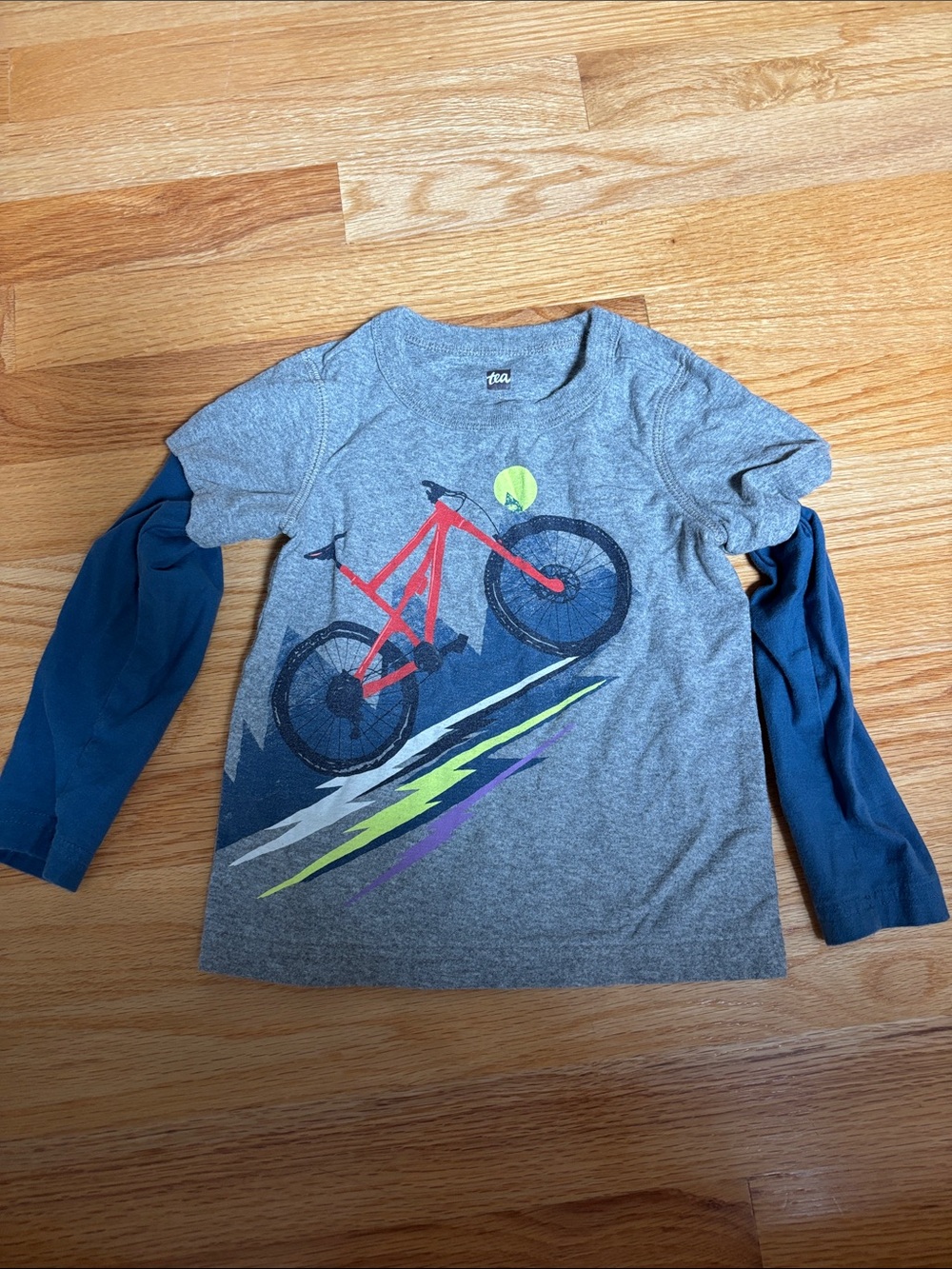 Tea Collection Gray Long-Sleeve Tee with Navy Sleeves and Red Bike Graphic